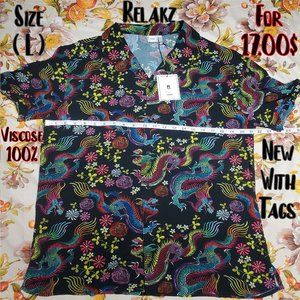 Relakz Black Hawaiian Shirt Colored Dragons (L) New With Tags